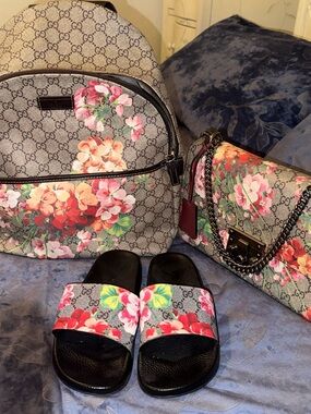 Designer-Style Floral Monogram Backpack in Beige and Pink